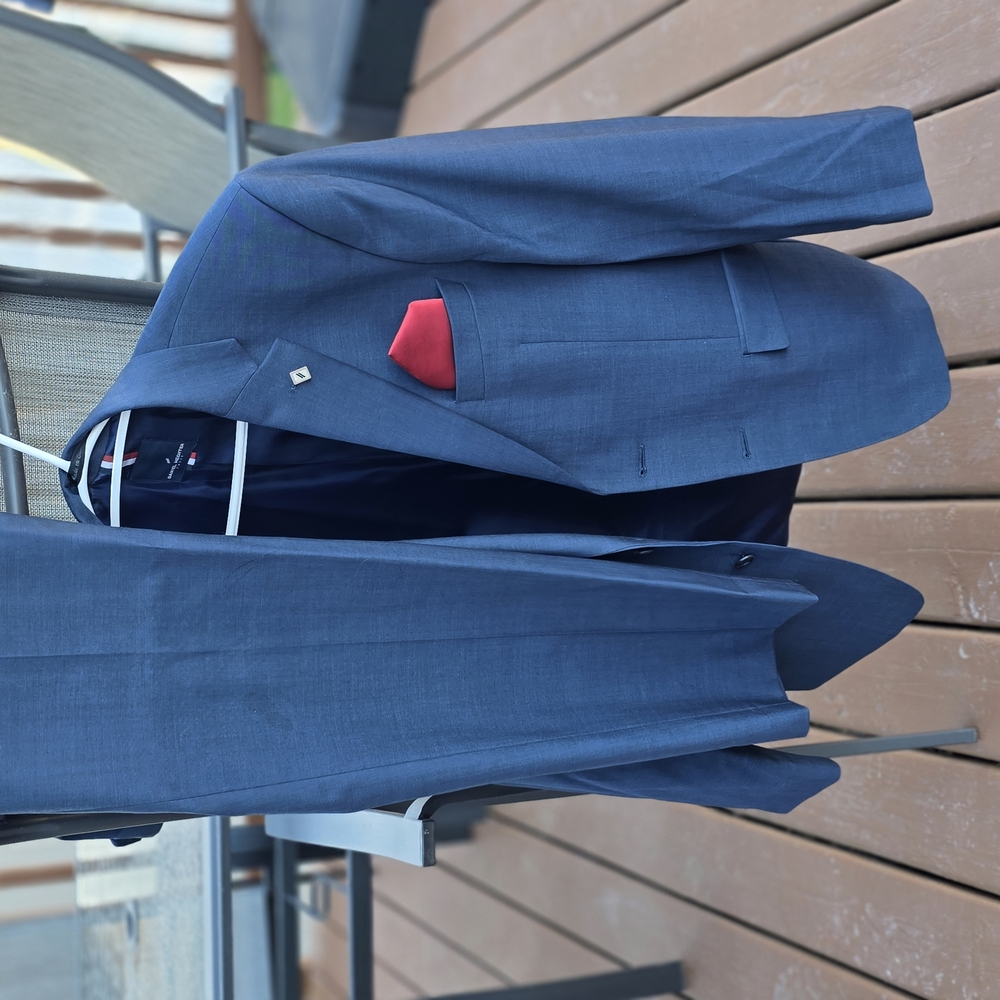 Men's Blue Blazer with Red Pocket Square